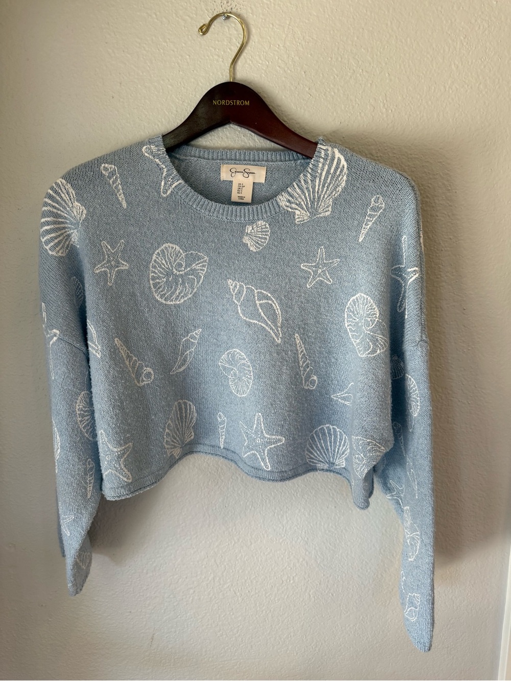 Jessica Simpson Light Blue Shell Print Cropped Sweater